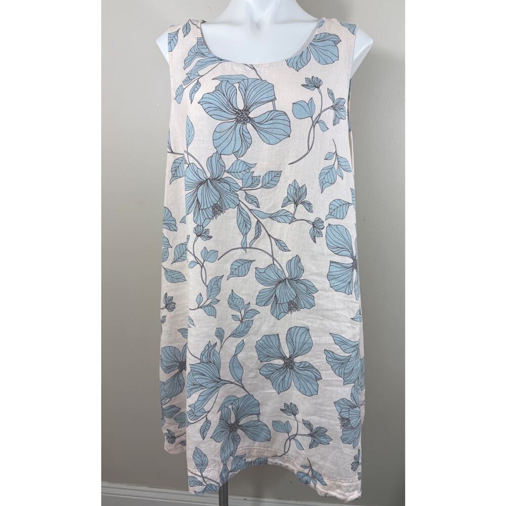 Cynthia Rowley 100% Linen Shift Dress Women Size 2X Blue Floral Cottagecore